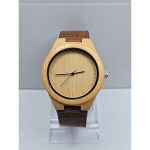 Cucol Bamboo Wooden Watch Brown Leather Strap Minimalist Quartz 45mm New Battery